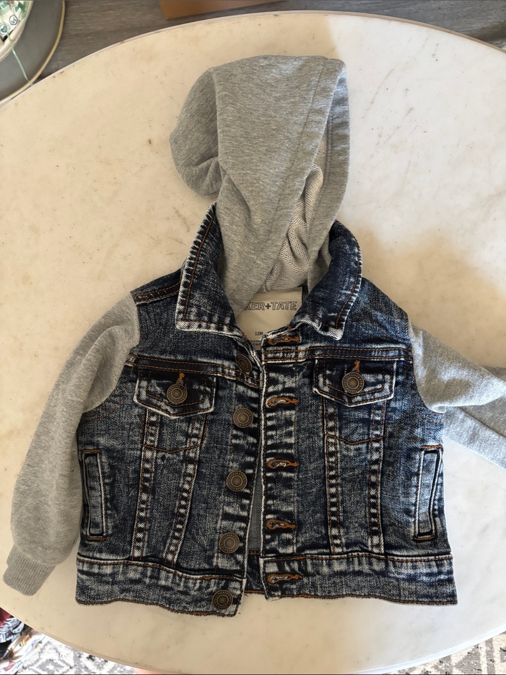 Cat & Jack Blue Denim-Look Jacket with Gray Hoodie Sleeves